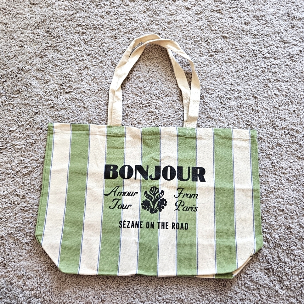 Sezane Bonjour Green Striped Tote Bag